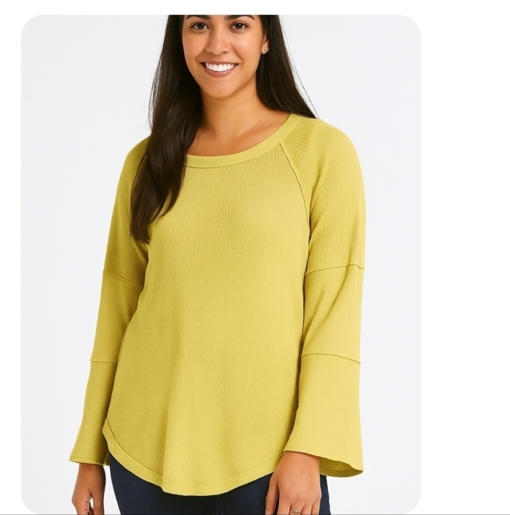 Soft Surroundings Womens Lime Green Waffle Knit Long Sleeve Tee M